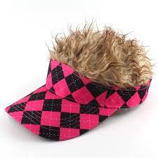 Pink Black Argyle Golf Sun Visor Hat With Brown Fake Hair Designed By Craftsman Golf Sun Visor Hat Visor Hats Fake Hair