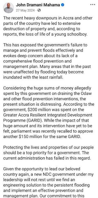 In 2024, Mahama blamed the Flood on NPP Government, stating the NPP Governement failed to manage and prevent floods effectively, Today Mr. Jon, you are in Governement and the whole of Accra