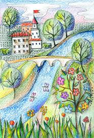 Disegno a matita di schizzo, disegno originale, casa, disegno a matita originale. Immagini Stock Giorno D Estate Paesaggio Con Fiume Citta Ponte Alberi E Fiori Disegno A Matita Fantasia Image 77157638