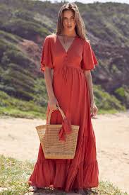 Orange Bohemian Short Sleeved Solid Color Ruffled Stitching Cotton Hem Dress Victoriaswing Maxi Dress Maxi Dress With Sleeves Empire Maxi Dress