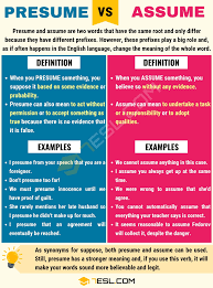 Presume Vs Assume When To Use Assume Vs Presume With Useful Examples 7 E S L Learn English Words Agonist Confusing Words