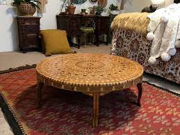 Vintage Round Wood Inlaid Coffee Table Mother Of Pearl Wood Inlay Table 39 Handcrafted Bohemian Low Round Coffee Table Pick Up So Cal Round Coffee Table Coffee Table Wood Inlay