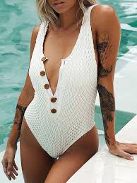 Donna in posa su un molo in estate su cielo e fondo mare. Costume Da Bagno Intero 2021 Per Le Donne Bottoni Bianchi Con Scollo A U Che Modella I Costumi Da Bagno Estivi Da Spiaggia Milanoo Com