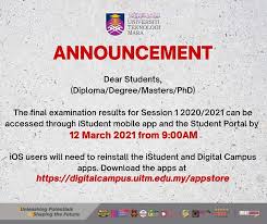 Official fan page for uitm student portal. Uitm Official On Twitter Announcement The Final Examination Results For Session 1 2020 2021 Can Be Accessed Through Istudent Mobile App And The Student Portal By 12 March 2021 From 9 00am Ios Users