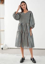 Voluminous Puff Sleeve Midi Dress Gingham Midi Dresses Other Stories In 2020 Puff Sleeve Midi Dresses Puff Sleeve Dresses Fashion