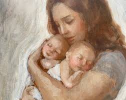心の近くに 双子を抱く母 オリジナル絵画のファインアートプリント [#115]