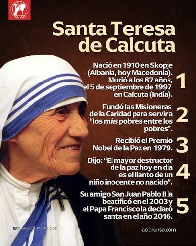 Santa Teresa de Calcuta, ruega por nosotros! 🙏 El 5 de septiembre  celebramos a Santa Teresa de Calcuta, llamada por el Papa Francisco como  una "generosa dispensadora de la misericordia divina". La