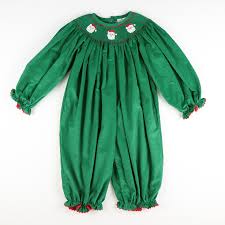 Smocked Santa Face Green Corduroy Long Bubble