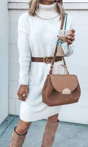 What To Wear With A White Sweater Dress Belt Bag Brown High Boots Long Sleeve Shift Dress Fashion White Sweater Dress
