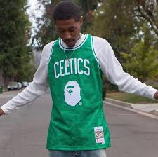 Mitchell Ness On Instagram Cousin Stizz In The Bape X Mitchell Ness Boston Celtics Jersey Cousinstizz Celtics Mitchellne Bape Mitchell Ness Jersey