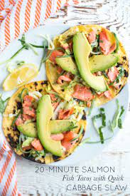 Broil the salmon, skin side down, for 8 minutes, or until it flakes easily with a fork. 20 Minute Salmon Fish Tacos With Quick Cabbage Slaw Real Food Whole Life