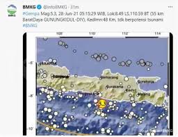 Bmkg gempa hari ini 2021. Bmkg Mencatat Gempa Magnitudo 5 3 Di Barat Daya Gunung Kidul 28 Juni 2021