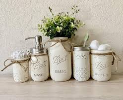 Rustic bathroom accessories like candles, ornate vases and old perfume bottles would all add to the look. Country Bathroom Decor Mason Jar Bathroom Set Rustic Bathroom Etsy