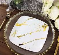 Marble Plastic 8" Square Dessert Plates White/Gold ...
