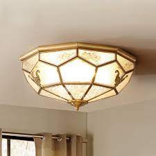 Cafes,dining room,indoors,kitchen,living room,office decoration material: Solid Brass Carved Antique Ceiling Lights Golden Flush Mount Chandelier Unique Kids Room Glass Light Cover