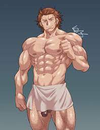 shirako (kirupi), deliford, granblue fantasy, revision, 1boy, abs, bara,  brown hair, chest hair, feet out of frame, flaccid, large pectorals, leg  hair, long sideburns, looking at viewer, male focus, mature male, muscular,