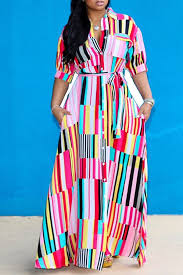 Lovely Bohemian Turndown Collar Striped Multicolor Floor Length A Line Plus Size Dress Plus Size Dress Floral Dress Casual Casual Dresses Plus Size Maxi Dress