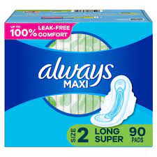 Always Maxi Daytime Pads with Wings, Size 2, Long, Unscented, 90 Ct 