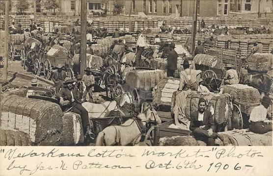 Traces of Texas | Cotton wagons at the Texarkana Cotton Market, 1906. Looks like it was a good year! I love the man looking right at the camera. | Instagram