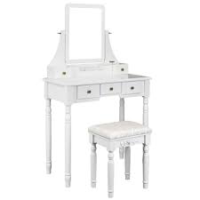 Cosmetic & makeup storage case: Homcom Dressing Table Vanity Set Makeup Desk With Round Mirror Cushioned Stool 2 Drawers For Bedroom Jewelry Storage Set White Home Kitchen Bedroom Furniture Cate Org