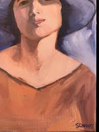 Woman in Blue Hat, Framed 11 X 14 Oil Painting by Artist Sharon Downey