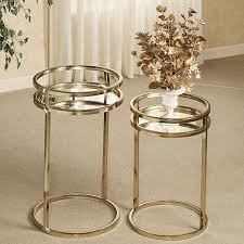 Landon Gold Metal Mirrored Nesting Table Set Sofa De Luxo Mesa De Apoio Decoracao