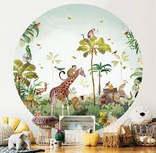 jungle parade behangcirkel formaat behangcirkel doorsnede van 142 5 cm 3 banen behangcirkels kinderen muurschilderingen kinderen behang jongens behang