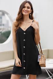 Black Button Slip Dress Mini Dress Casual Casual Dress Fashion
