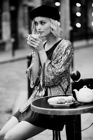 Black And White Woman Drinking Coffee Black And White Girl With Hat Indie Fashion White Cafe