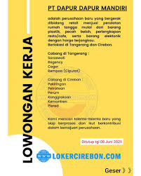 Jun 24, 2021 · lowongan kerja cirebon terbaru juni 2021, 2 perusahaan buka loker menarik, umur 30 bisa melamar berikut ini adalah info lowongan kerja cirebon terbaru juni 2021. Lowongan Kerja Butik Cirebon Lokerkarta Com