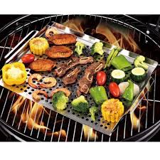 Grill Pan Topper Stainless Steel Vegetable Grilling Basket Barbecue Tray Bbq Accessories For Roasted Veggie F Grilled Vegetables Fish And Meat Grilled Shrimp
