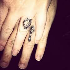 Heart Lock And Skull Key Ring Tattoo On Couple Finger Finger Tattoos For Couples Ring Tattoo Designs Ring Tattoos