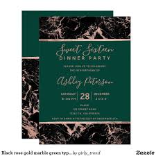 Black And Green Wedding Invitations Black Rose Gold Marble Green Typography Sweet 16 Invitation Zazzle Com In 2020 Rose Gold Invitations Rose Gold Theme Rose Gold Marble