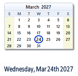 March 24, 2027 Calendar with Holidays & Count Down - USA