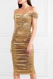 Gold Off The Shoulder Ruched Silk Blend Lurex Midi Dress Dolce Gabbana Dolce And Gabbana Fashion Dresses