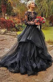 Gothic Black Illusion Lace Wedding Dresses Ruffles Organza Two Piece Bridal Gown Ballgown Black Wedding Gowns Fancy Wedding Dresses Black Wedding Dresses