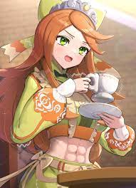 gonzarez, etie (fire emblem), fire emblem, fire emblem engage, nintendo,  absurdres, commentary request, highres, 1girl, abs, bow, crop top, cup,  green bow, green eyes, green shirt, green skirt, hair bow, holding, holding