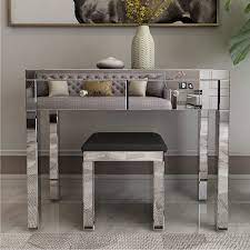 Sold and shipped by costway. Mecor Mirrored Vanity Table Set Cushioned Stool Silver Makeup Dressing Table With 2 Drawers Modern Writing Desk With Chair For Bedroom Bathroom Home Office Walmart Com Walmart Com
