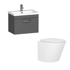 Vanity unit is a piece of bathroom furniture that consists of a washbasin on top and storage cupboards beneath it. Cloakroom Suite 500mm Indigo Grey Gloss 1 Door Wall Hung Vanity Unit Mid Edge Basin