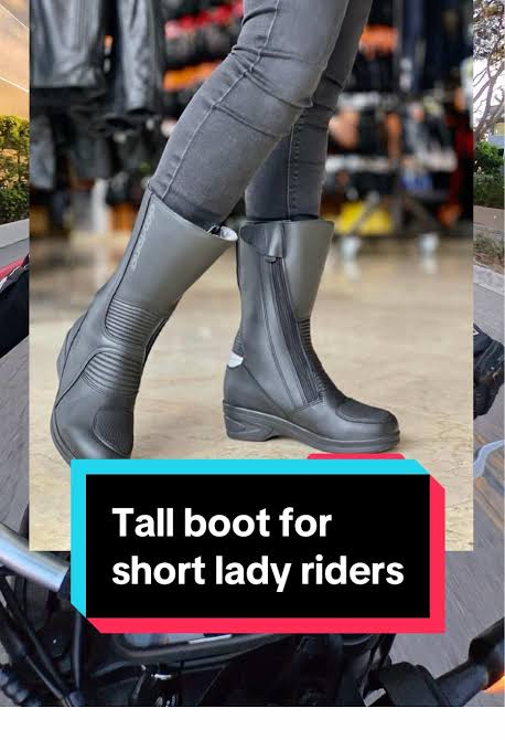 Top recommended motorcycle boots for petite women -- Daytona Lady Pilot GTX 6cm heel lift (source: TikTok Marina_moto_girl)