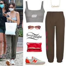 Is grey out of style 2020. Emily Ratajkowski Grey Crop Top Green Pants Steal Her Style