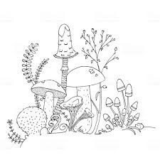 Black And White Mushroom Pictures Mushroom Black And White Outline Hand Drawn Coloring Page Royalty Free Mushroom Black And White Outline Hand Dra Outline Art Mushroom Drawing Line Art Drawings