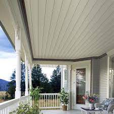 Covered porch features a beadboard ceiling accented with a carriage lantern illuminating glass doors protected by black bi fold doors. Abtco 8 X 12 6 Beaded Solid Vinyl Soffit At Menards