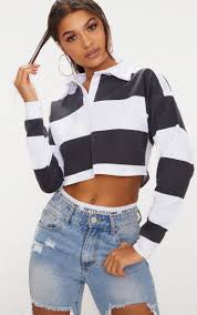 Black And White Long Sleeve Crop Top Black Stripe Collar Polo Long Sleeve Crop Top Prettylittlething Usa Crop Top Outfits Long Sleeve Crop Top Long Sleeve Cropped Top Outfits