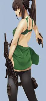 prompthunt: a full shot of a beautiful curvy anime girl with an athletic  feminine body holding an m4 assault rifle in a green tank top with black  shorts and aviator classic sunglasses,