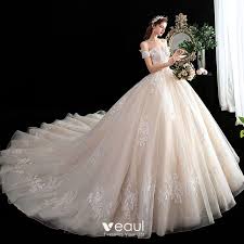 Check out our wedding ball gown selection for the very best in unique or custom, handmade pieces from our dresses shops. Chic Beautiful Champagne Wedding Dresses 2020 Ball Gown Off The Shoulder Short Sleeve Backless Appliques Lace