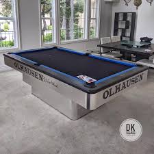8 Foot Olhausen Maxim Pool Table Installation In Orange Electric Blue Rails With Black Slate Billiards Dkbilliards Pla In 2020 Pool Table Billiards Electric Blue