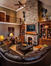 Quite An Overwhelming Design Of A Rustic Living Room With Mahogany Colored Sofa And O Rustic Living Room Design Farm House Living Room Living Room Decor Rustic