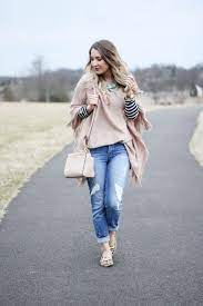 Winter To Spring Transition Outfit A Classy Fashionista Blush Outfit Poncho Striped Shirt Leopard Flats Fashion Spring Fashion Outfits Spring Fashion