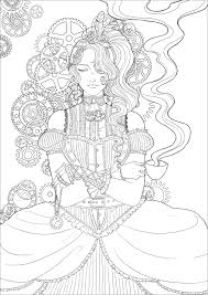 This fine, highly detailed drawing is ready for instant download and printing Steampunk Woman With Coffee Vintage Adult Coloring Pages